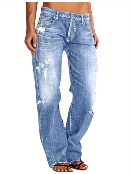 1 Women's Ripped Flare Wide Leg Slightly Stretchy Jeans - Fashion Distressed Casual Streetwear - US Size XS-XXL